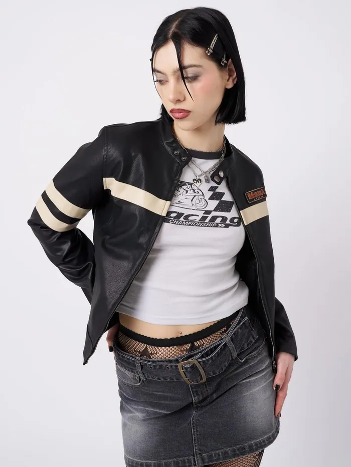Women Minga London Jackets and Cardigans Chiara Black Vegan Racer Jacket