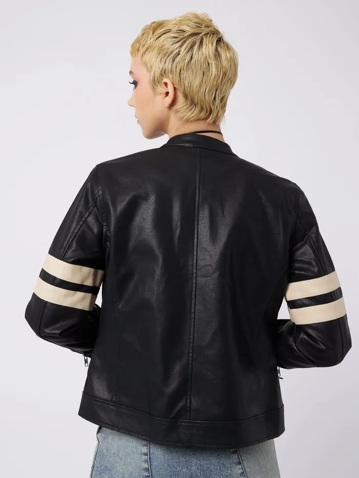 Women Minga London Jackets and Cardigans Chiara Black Vegan Racer Jacket
