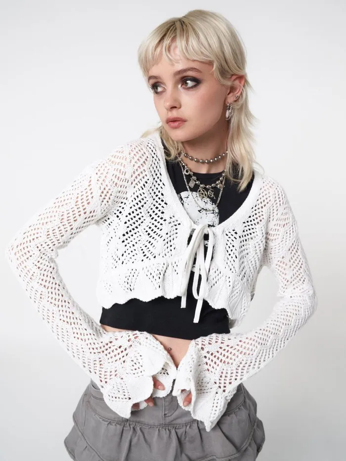 Women Minga London Jackets and Cardigans Elsie Tie Front Frill Crochet Crop Cardigan Women Minga London Jackets and Cardigans Elsie Tie Front Frill Crochet Crop Cardigan