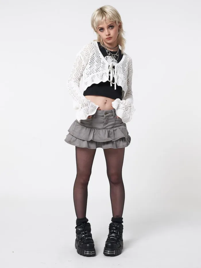 Women Minga London Jackets and Cardigans Elsie Tie Front Frill Crochet Crop Cardigan