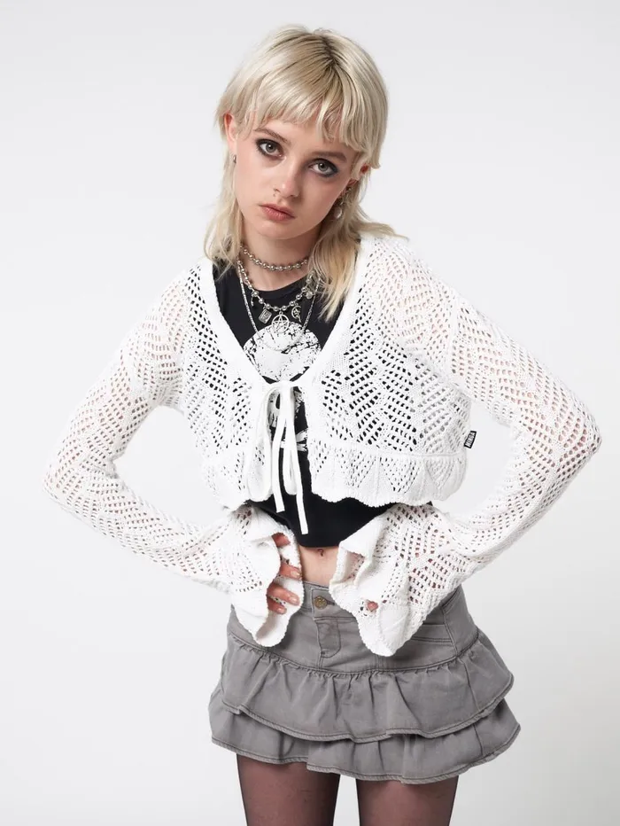 Women Minga London Jackets and Cardigans Elsie Tie Front Frill Crochet Crop Cardigan