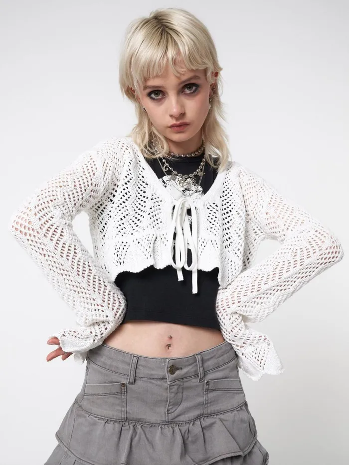 Women Minga London Jackets and Cardigans Elsie Tie Front Frill Crochet Crop Cardigan