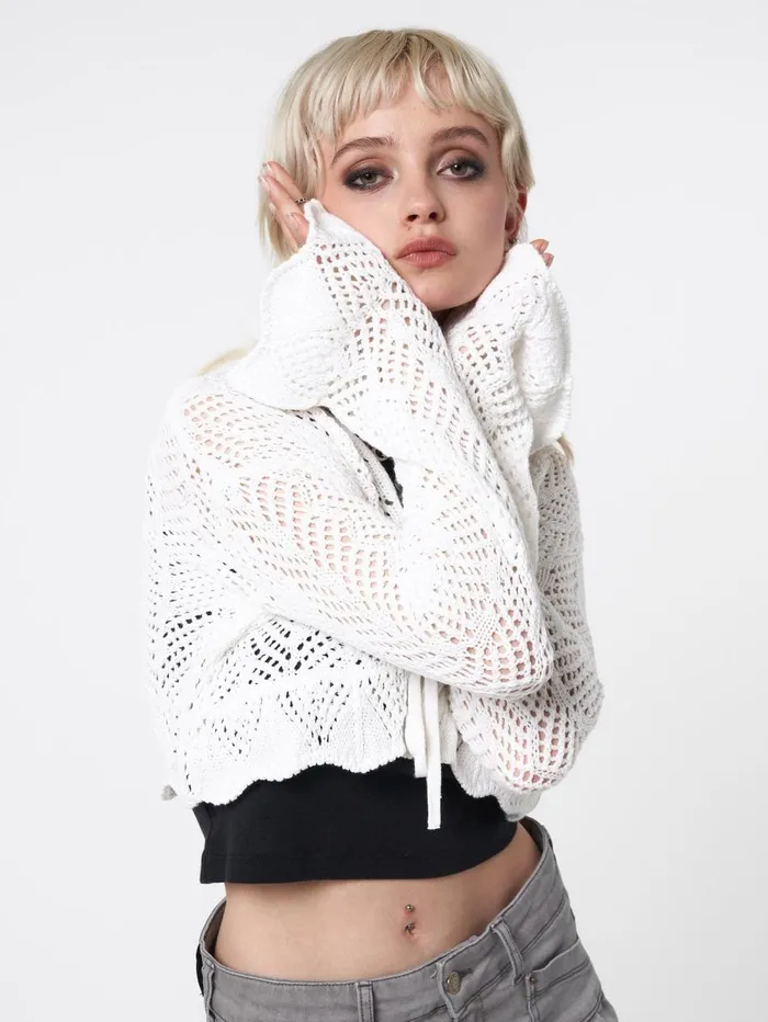 Women Minga London Jackets and Cardigans Elsie Tie Front Frill Crochet Crop Cardigan