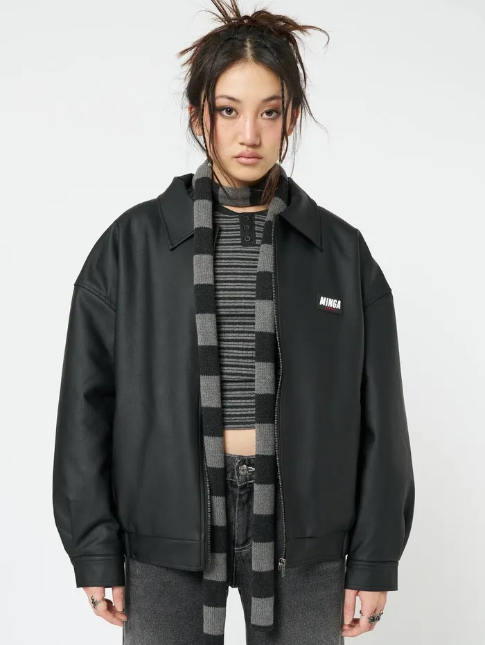 Women Minga London Jackets and Cardigans Olivia Vegan Leather Bomber Jacket In Black Women Minga London Jackets and Cardigans Olivia Vegan Leather Bomber Jacket In Black