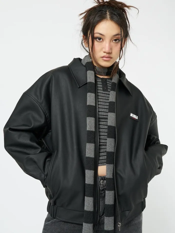Women Minga London Jackets and Cardigans Olivia Vegan Leather Bomber Jacket In Black