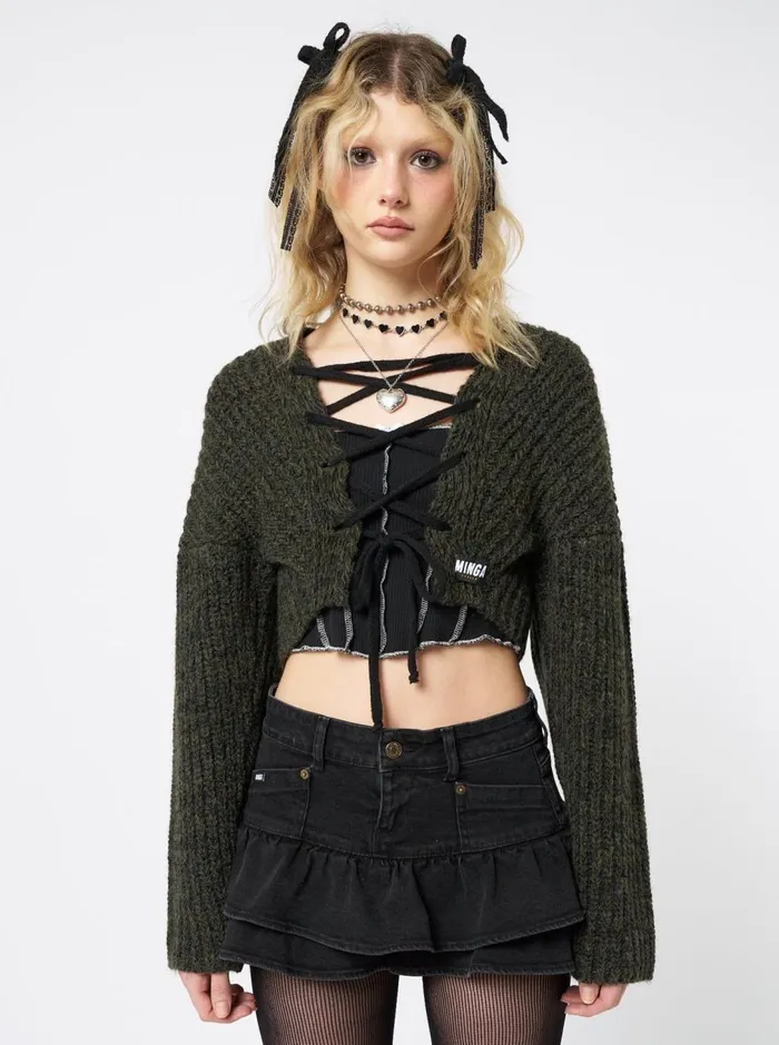 Women Minga London Knitwear Arabella Green Knitted Lace Up Cardigan