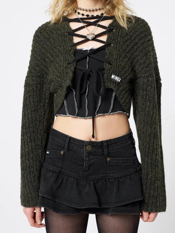 Women Minga London Knitwear Arabella Green Knitted Lace Up Cardigan