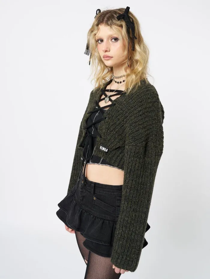 Women Minga London Knitwear Arabella Green Knitted Lace Up Cardigan
