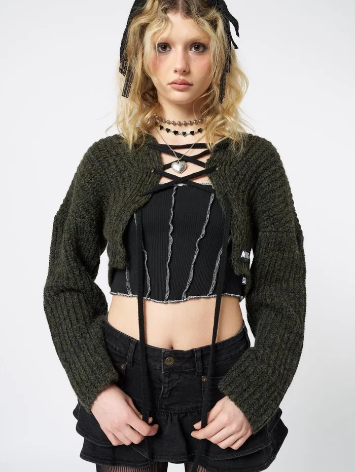 Women Minga London Knitwear Arabella Green Knitted Lace Up Cardigan