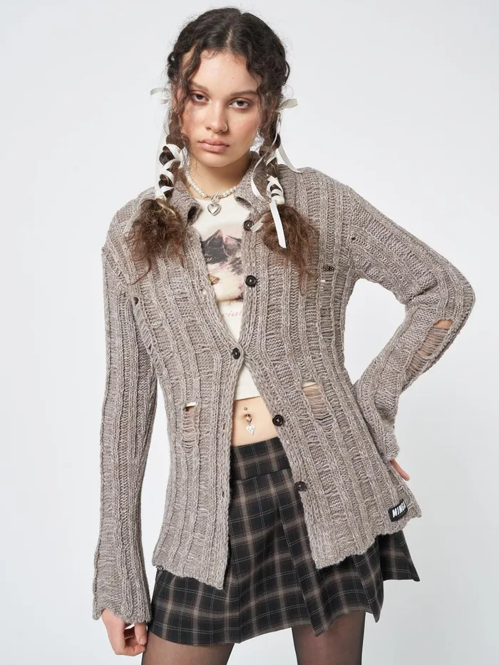 Women Minga London Knitwear Gem Sand Distressed Knit Cardigan