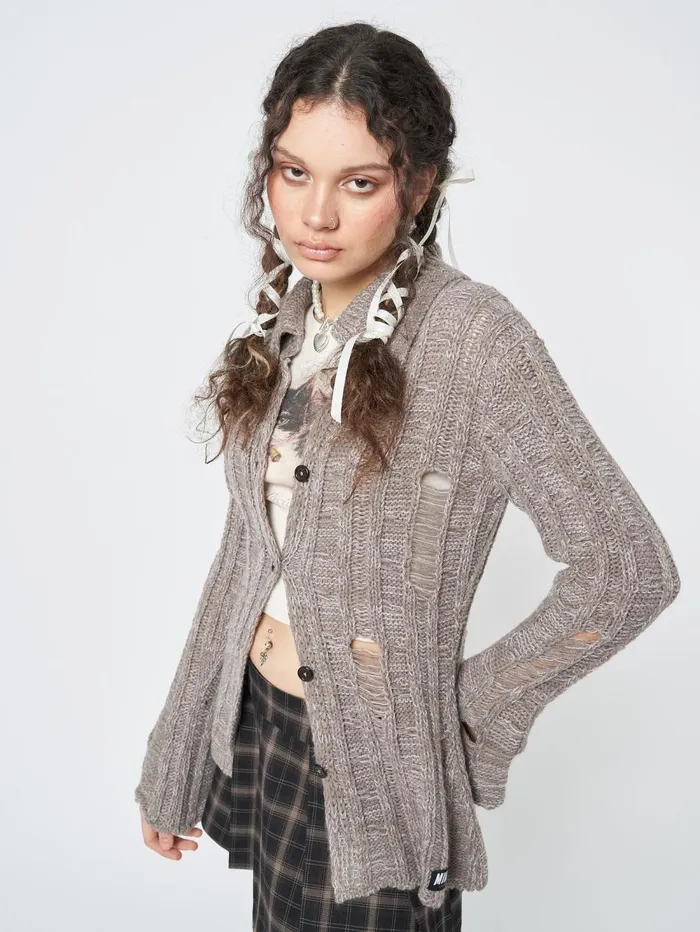 Women Minga London Knitwear Gem Sand Distressed Knit Cardigan