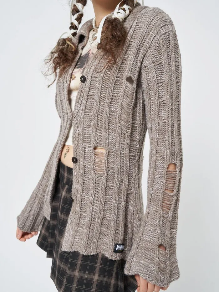 Women Minga London Knitwear Gem Sand Distressed Knit Cardigan