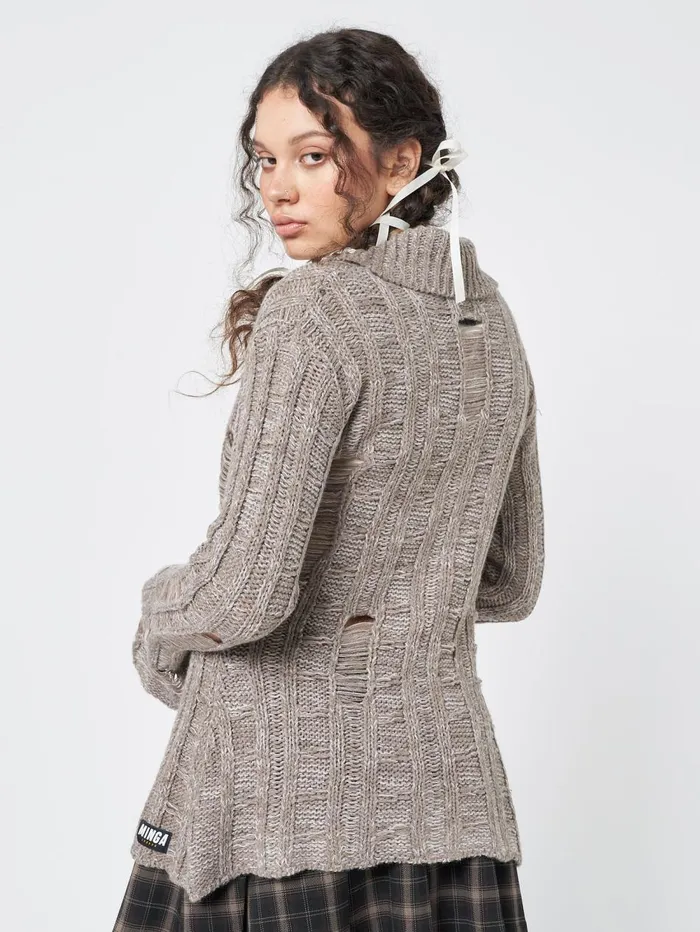 Women Minga London Knitwear Gem Sand Distressed Knit Cardigan