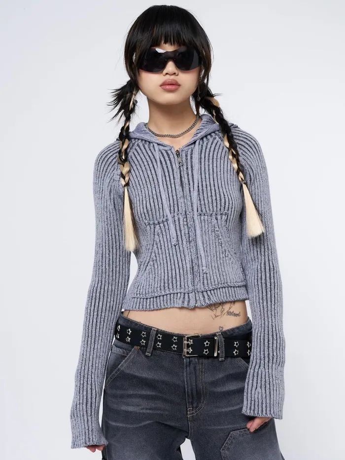 Women Minga London Knitwear Jinx Grey Cropped Zip Hoodie Cardigan
