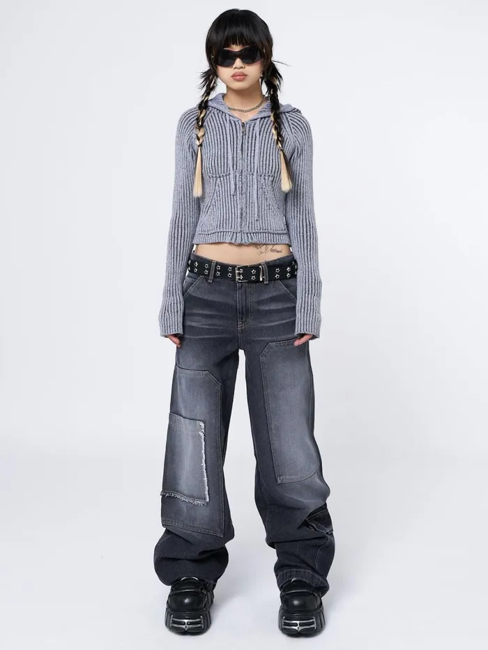 Women Minga London Knitwear Jinx Grey Cropped Zip Hoodie Cardigan