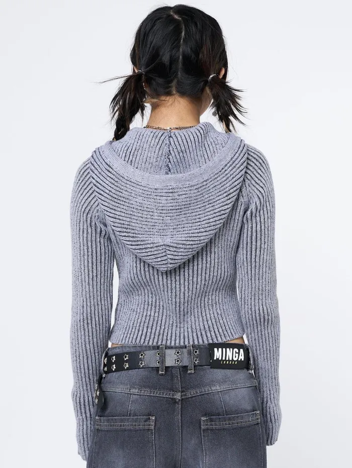 Women Minga London Knitwear Jinx Grey Cropped Zip Hoodie Cardigan
