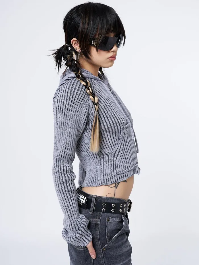 Women Minga London Knitwear Jinx Grey Cropped Zip Hoodie Cardigan