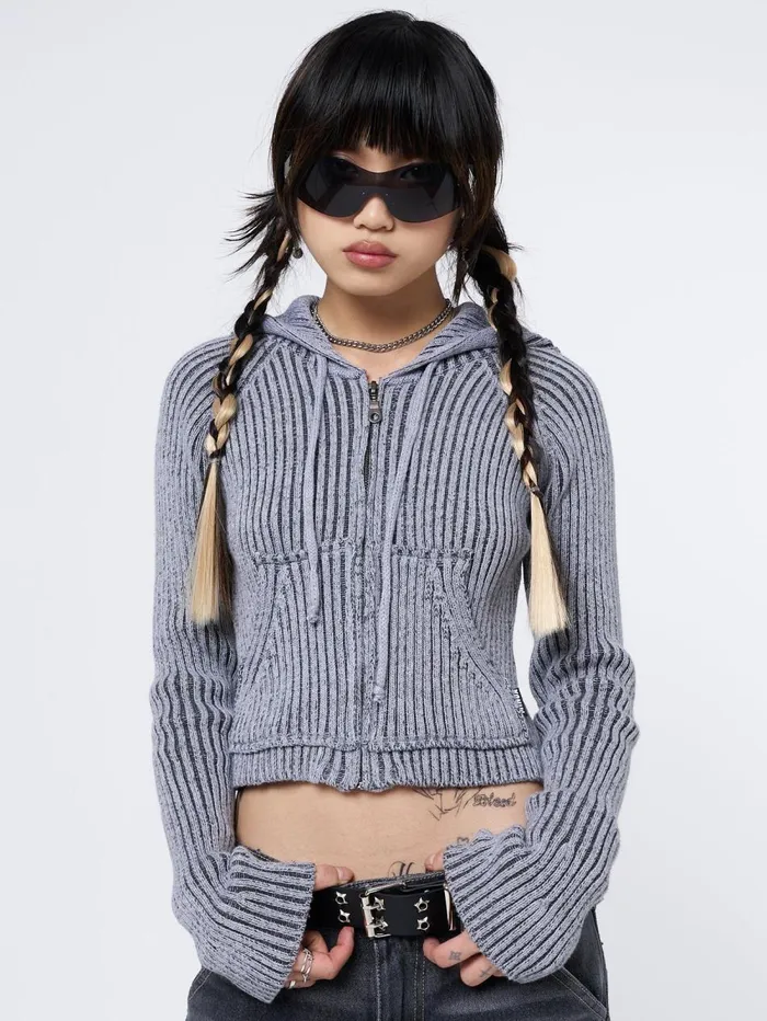 Women Minga London Knitwear Jinx Grey Cropped Zip Hoodie Cardigan