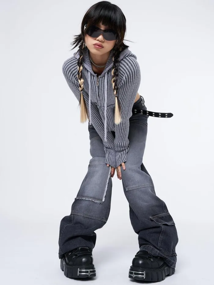 Women Minga London Knitwear Jinx Grey Cropped Zip Hoodie Cardigan