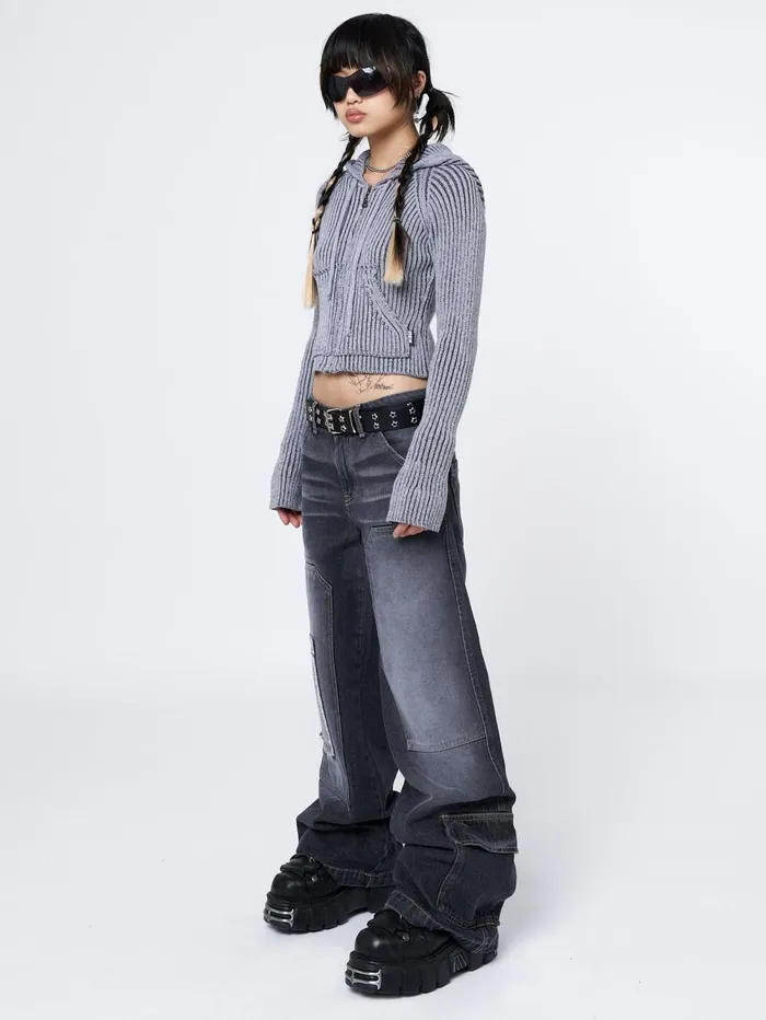 Women Minga London Knitwear Jinx Grey Cropped Zip Hoodie Cardigan