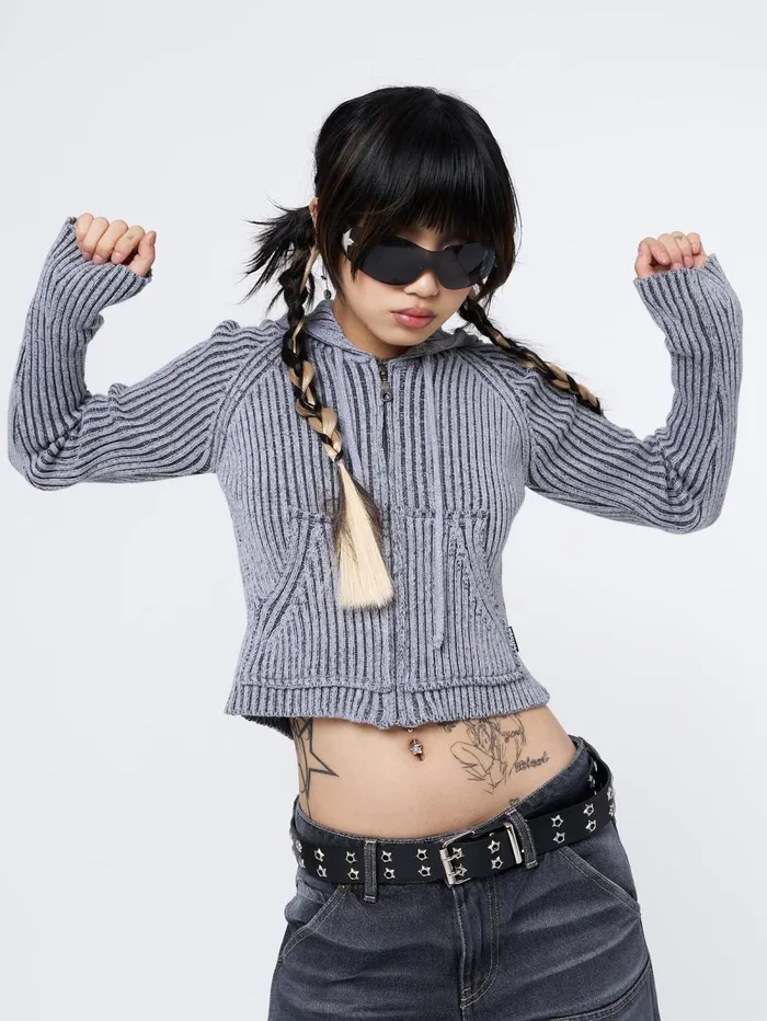 Women Minga London Knitwear Jinx Grey Cropped Zip Hoodie Cardigan