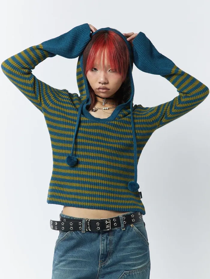 Women Minga London Knitwear Regina Green and Blue Knitted Hoodie