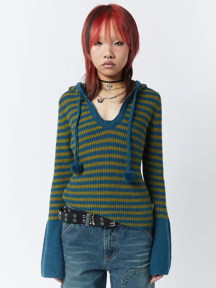 Women Minga London Knitwear Regina Green and Blue Knitted Hoodie