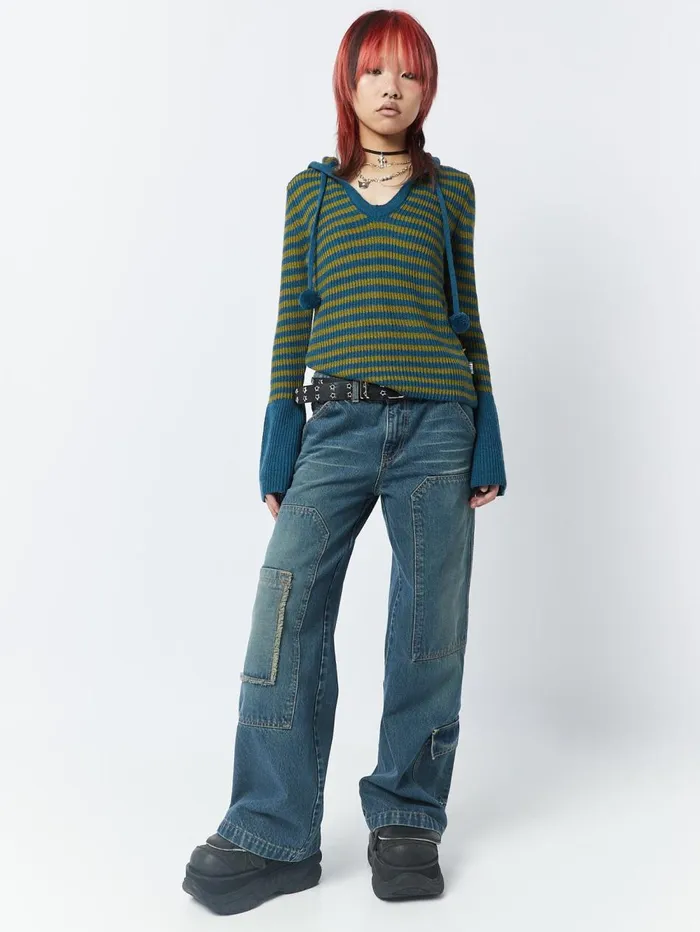 Women Minga London Knitwear Regina Green and Blue Knitted Hoodie