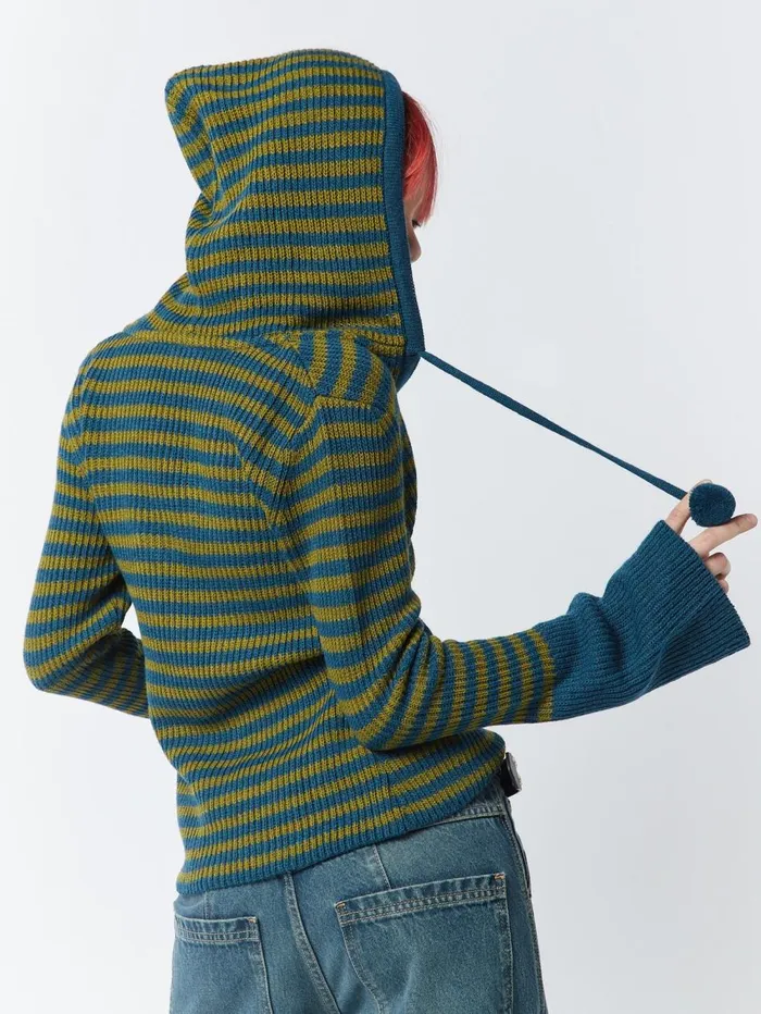 Women Minga London Knitwear Regina Green and Blue Knitted Hoodie