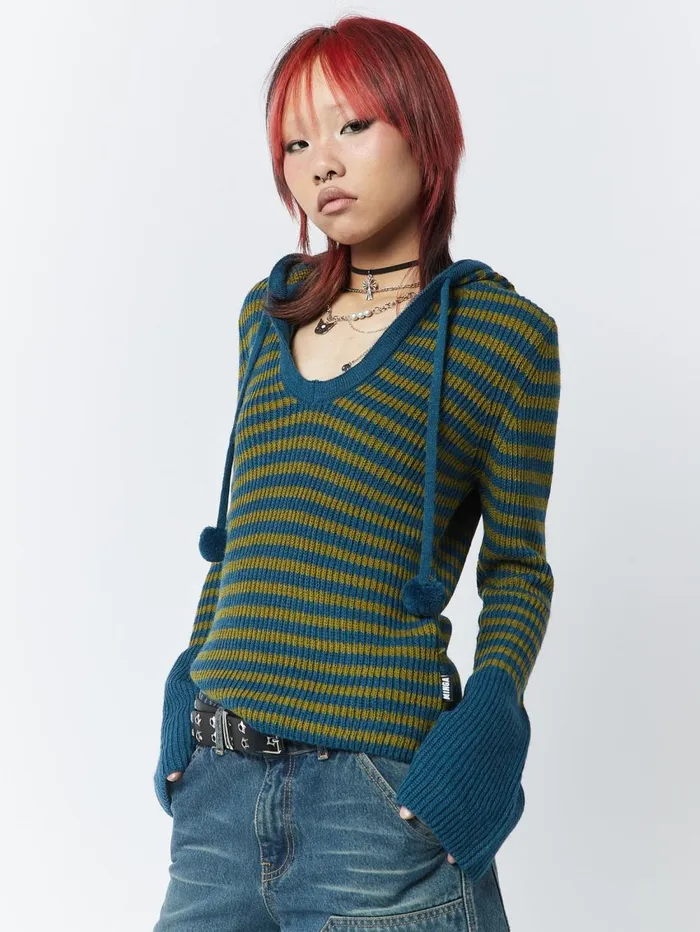 Women Minga London Knitwear Regina Green and Blue Knitted Hoodie
