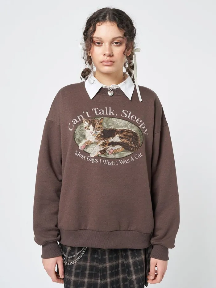 Women Minga London Sweaters and Hoodies Cant Talk Cat Embroidered Sweatshirt