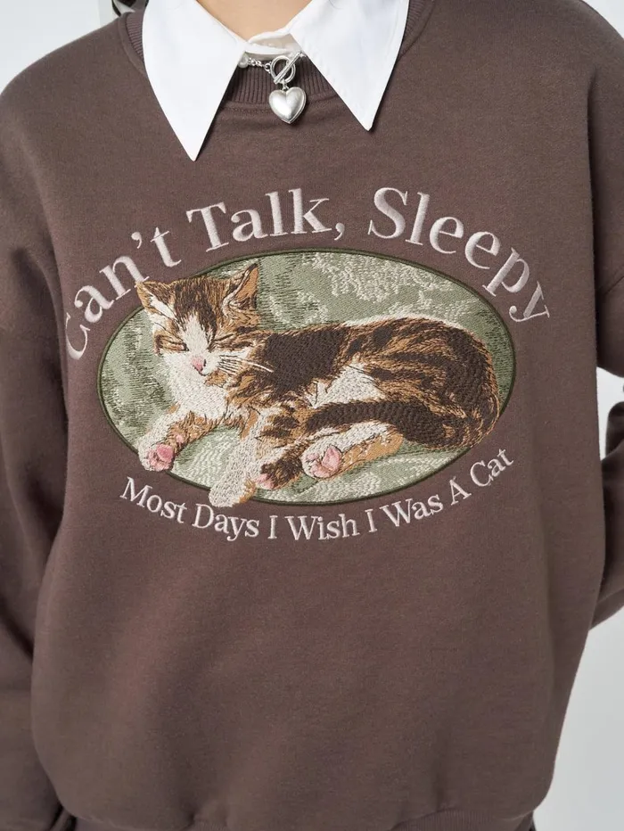 Women Minga London Sweaters and Hoodies Cant Talk Cat Embroidered Sweatshirt