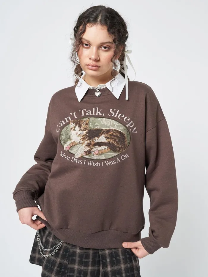 Women Minga London Sweaters and Hoodies Cant Talk Cat Embroidered Sweatshirt