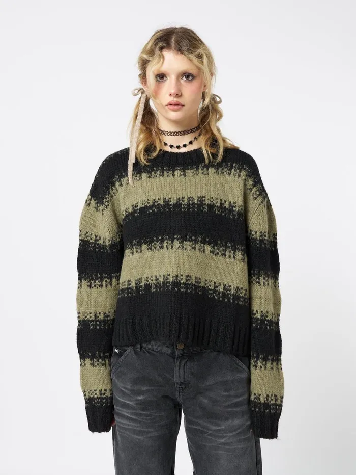Women Minga London Sweaters and Hoodies Clara Green Cropped Striped Knit Sweater
