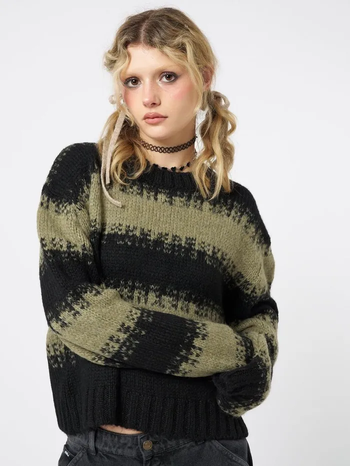 Women Minga London Sweaters and Hoodies Clara Green Cropped Striped Knit Sweater