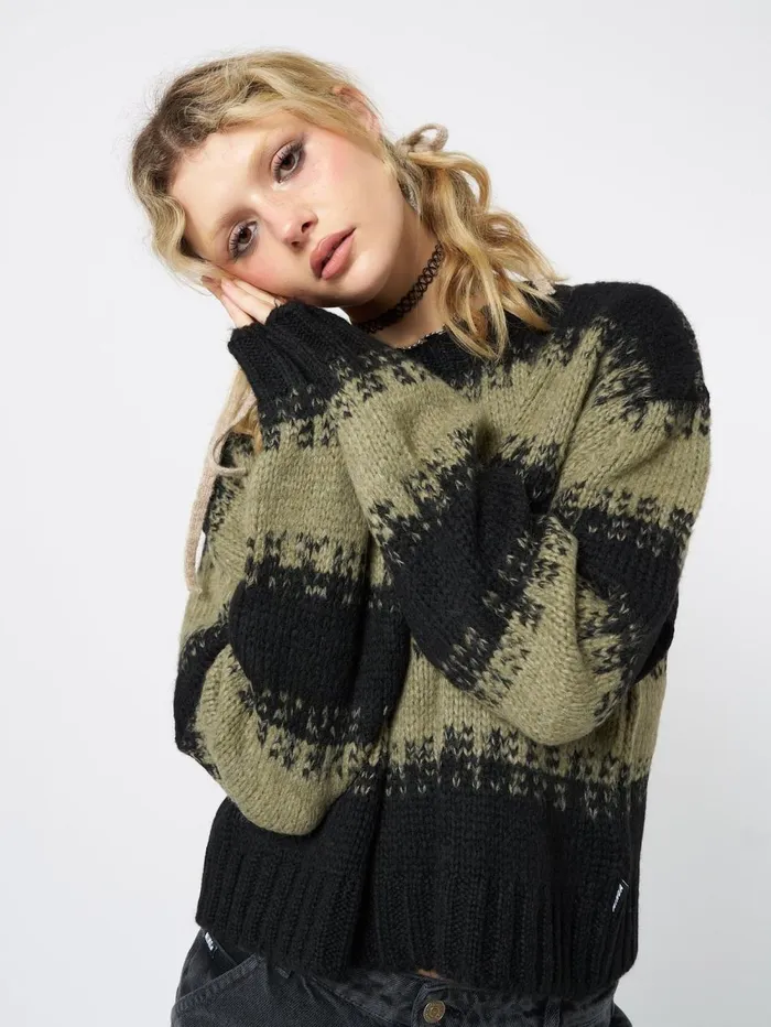 Women Minga London Sweaters and Hoodies Clara Green Cropped Striped Knit Sweater