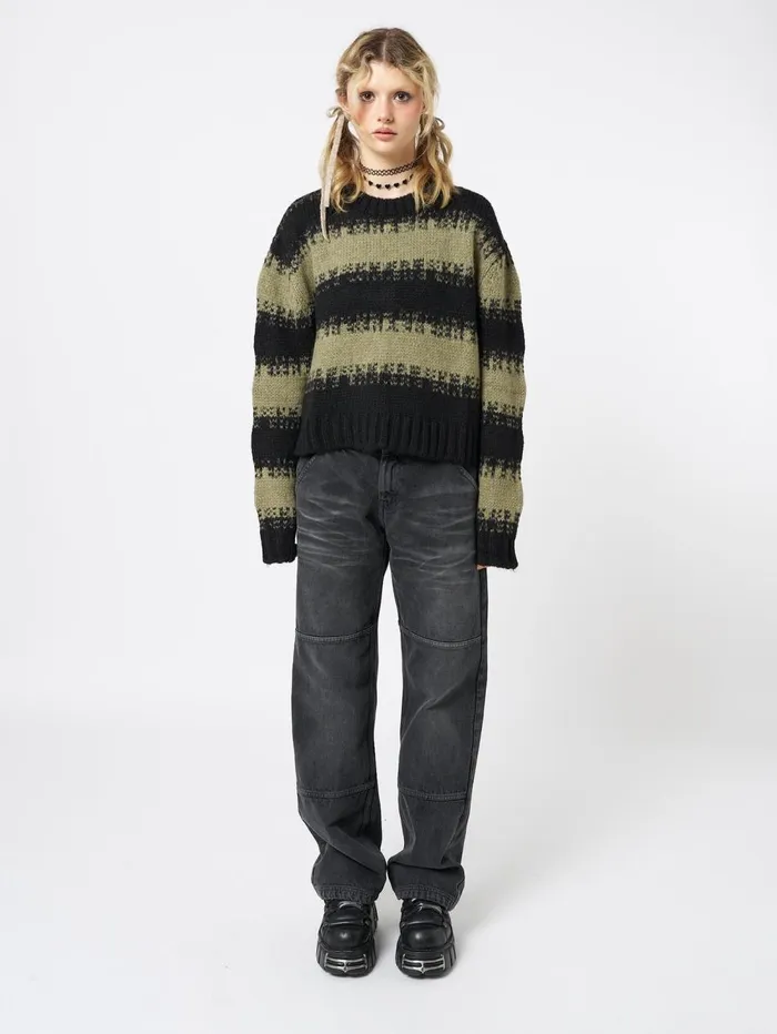 Women Minga London Sweaters and Hoodies Clara Green Cropped Striped Knit Sweater