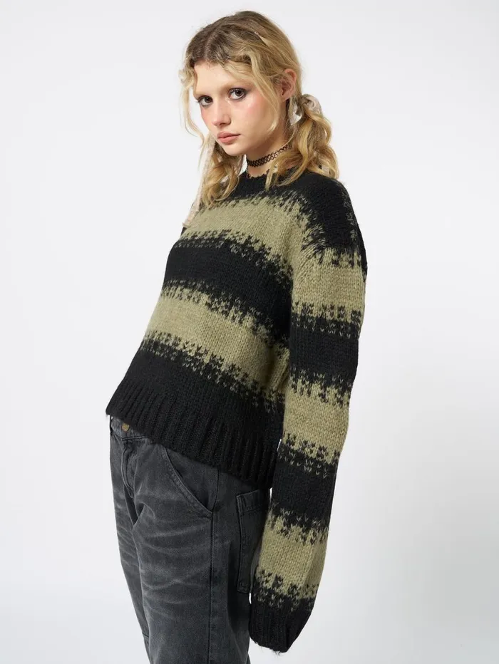 Women Minga London Sweaters and Hoodies Clara Green Cropped Striped Knit Sweater