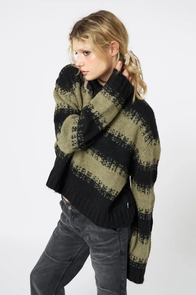 Women Minga London Sweaters and Hoodies Clara Green Cropped Striped Knit Sweater