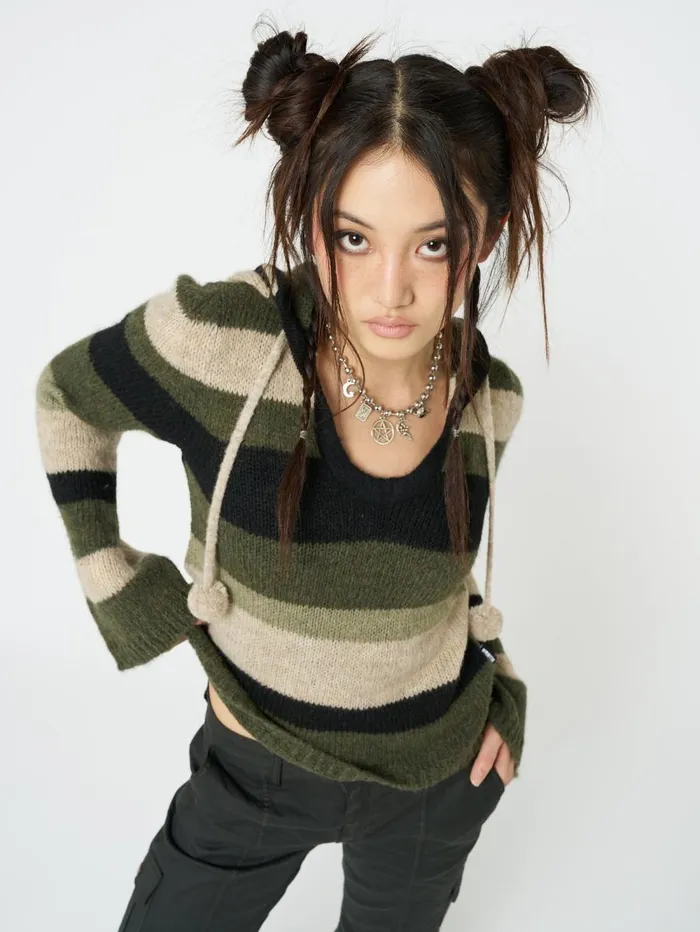 Women Minga London Sweaters and Hoodies Moss Stripes Knitted Hoodie