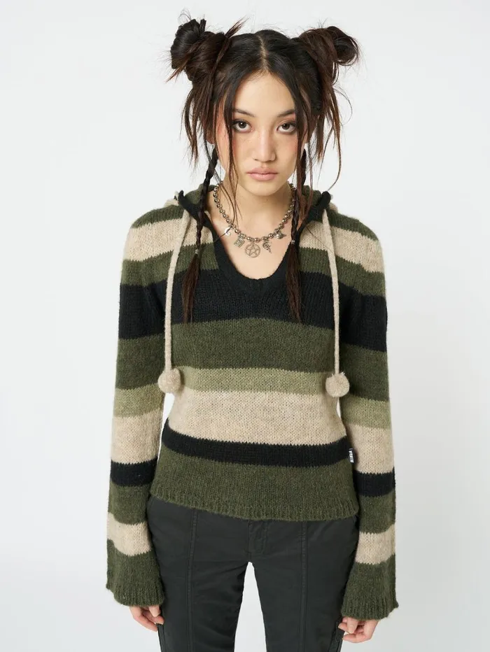 Women Minga London Sweaters and Hoodies Moss Stripes Knitted Hoodie