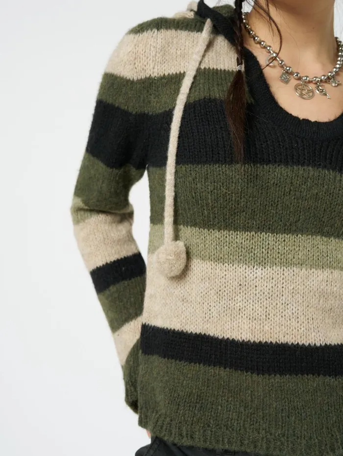 Women Minga London Sweaters and Hoodies Moss Stripes Knitted Hoodie