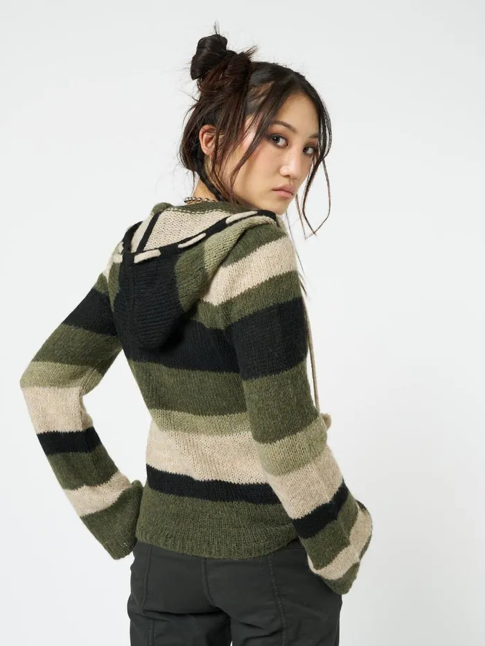 Women Minga London Sweaters and Hoodies Moss Stripes Knitted Hoodie