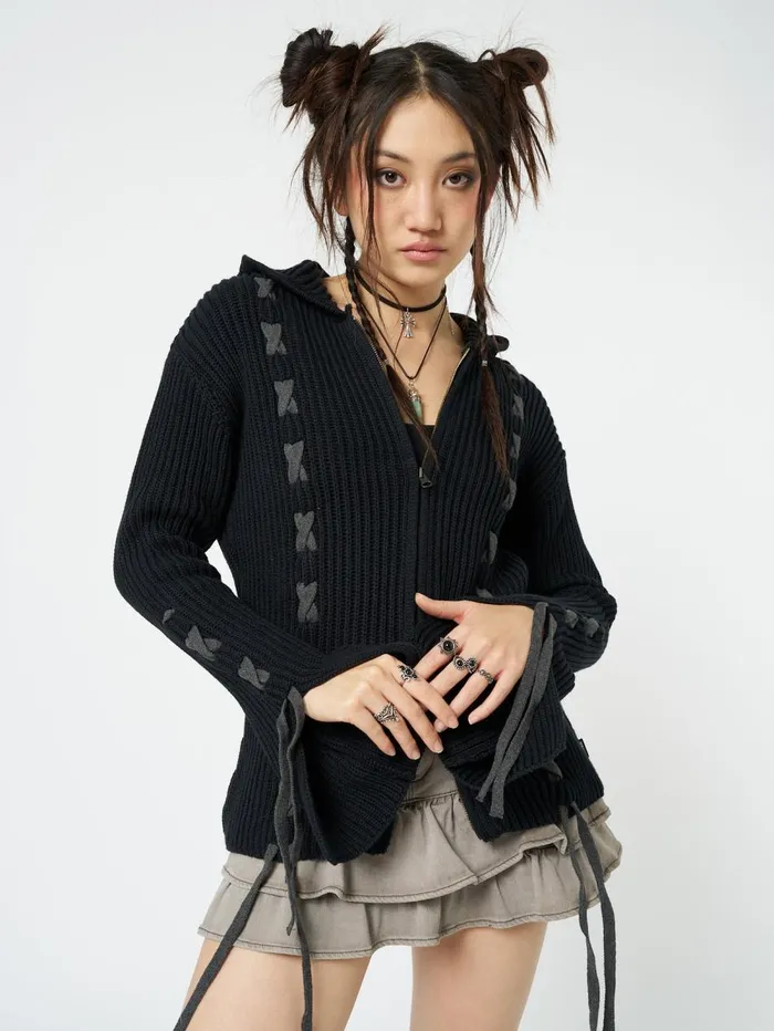 Women Minga London Sweaters and Hoodies Nixie Black Lace Up Cardigan