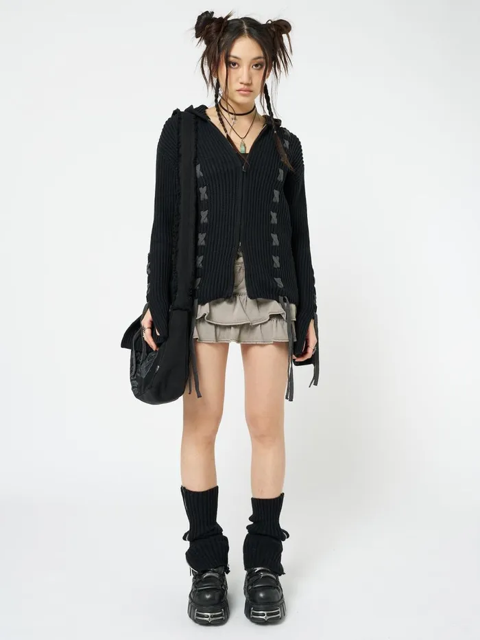 Women Minga London Sweaters and Hoodies Nixie Black Lace Up Cardigan