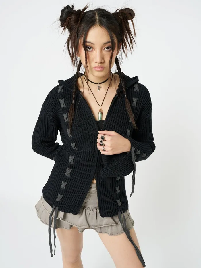 Women Minga London Sweaters and Hoodies Nixie Black Lace Up Cardigan