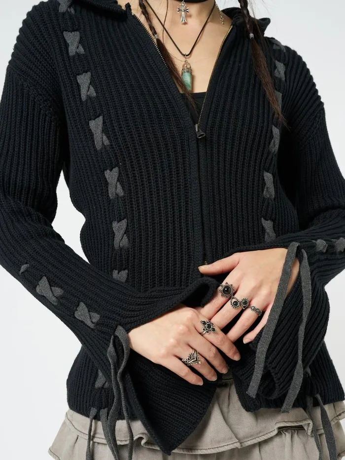 Women Minga London Sweaters and Hoodies Nixie Black Lace Up Cardigan