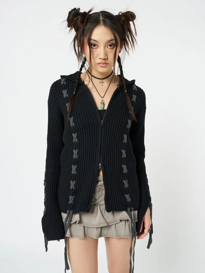 Women Minga London Sweaters and Hoodies Nixie Black Lace Up Cardigan