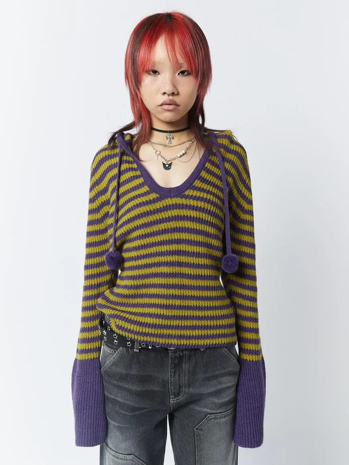 Women Minga London Sweaters and Hoodies Paige Yellow and Purple Knitted Hoodie