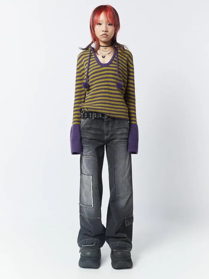 Women Minga London Sweaters and Hoodies Paige Yellow and Purple Knitted Hoodie